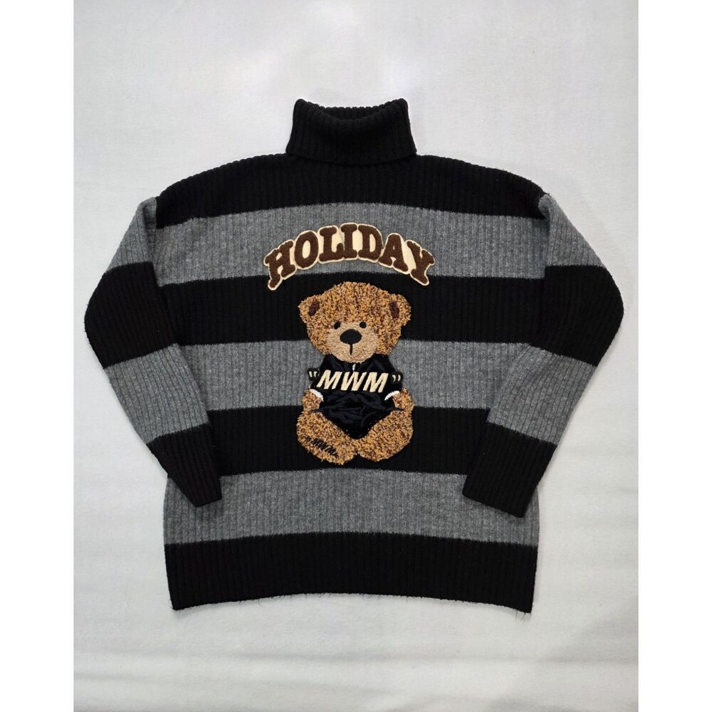 MWM Mod Wave Movement Holiday Teddy Bear Striped Turtleneck Knit Sweater